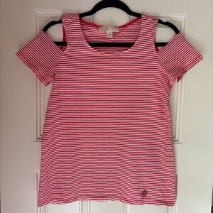 Michael Kors Striped Cold Shoulder Top - Red and White
